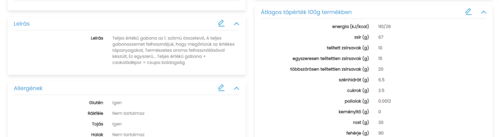 Leírás és tápérték adatok tárolása dinamikus mezők segítségével