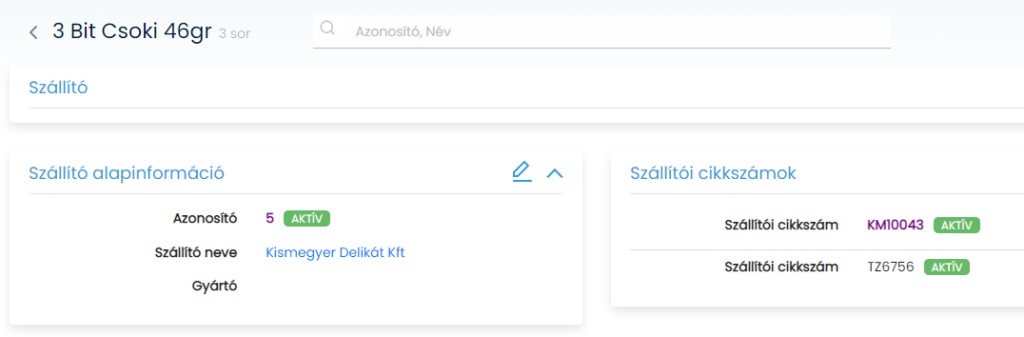 Termék szállítói cikkszámok